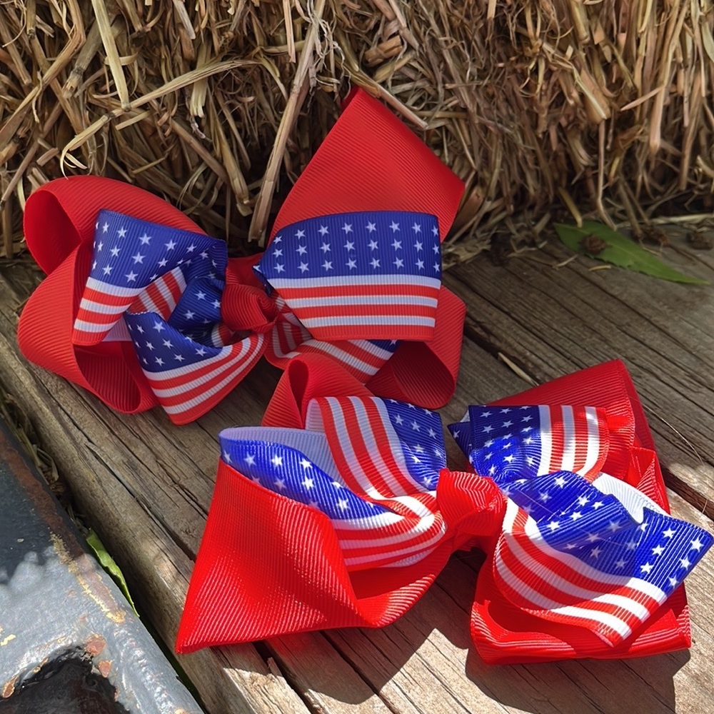 2 Handmade Red Patriotic Americana Hair Bows - Picture 7 of 12